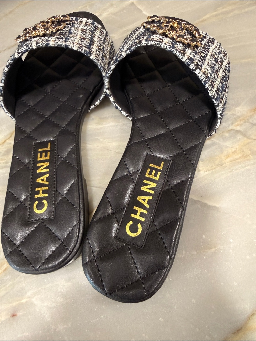 CHANEL Black Quilted Slide Mules with Tweed Strap and Gold CC - Picture 5 of 5